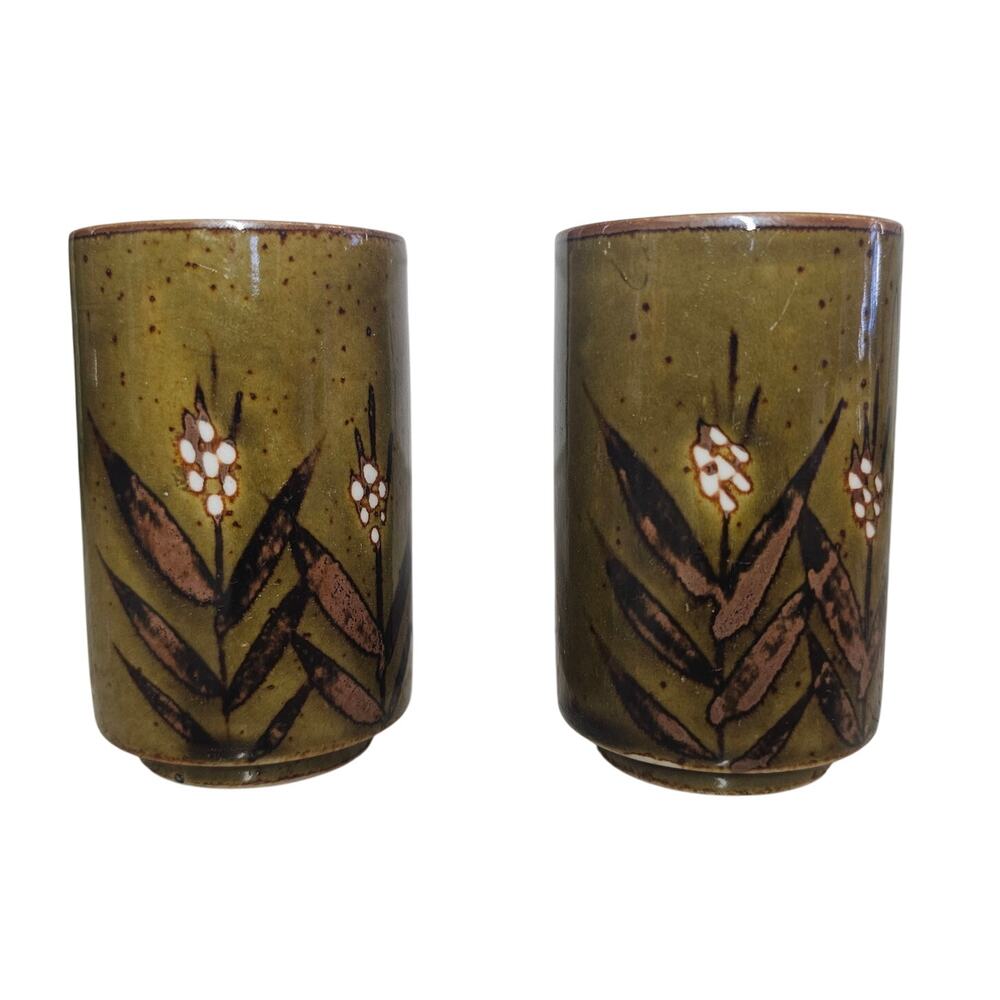 Vintage Otagiri Pottery Glazed Juice Sake Shot Cups Wheat Green Print‎ Set of 2